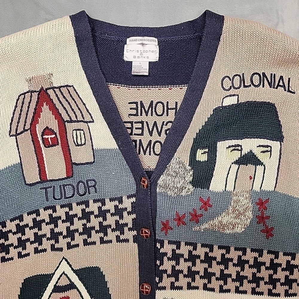 Christopher & Banks Sweater Womens L Blue Cardigan Home Sweet Home House Novelty - Picture 3 of 8